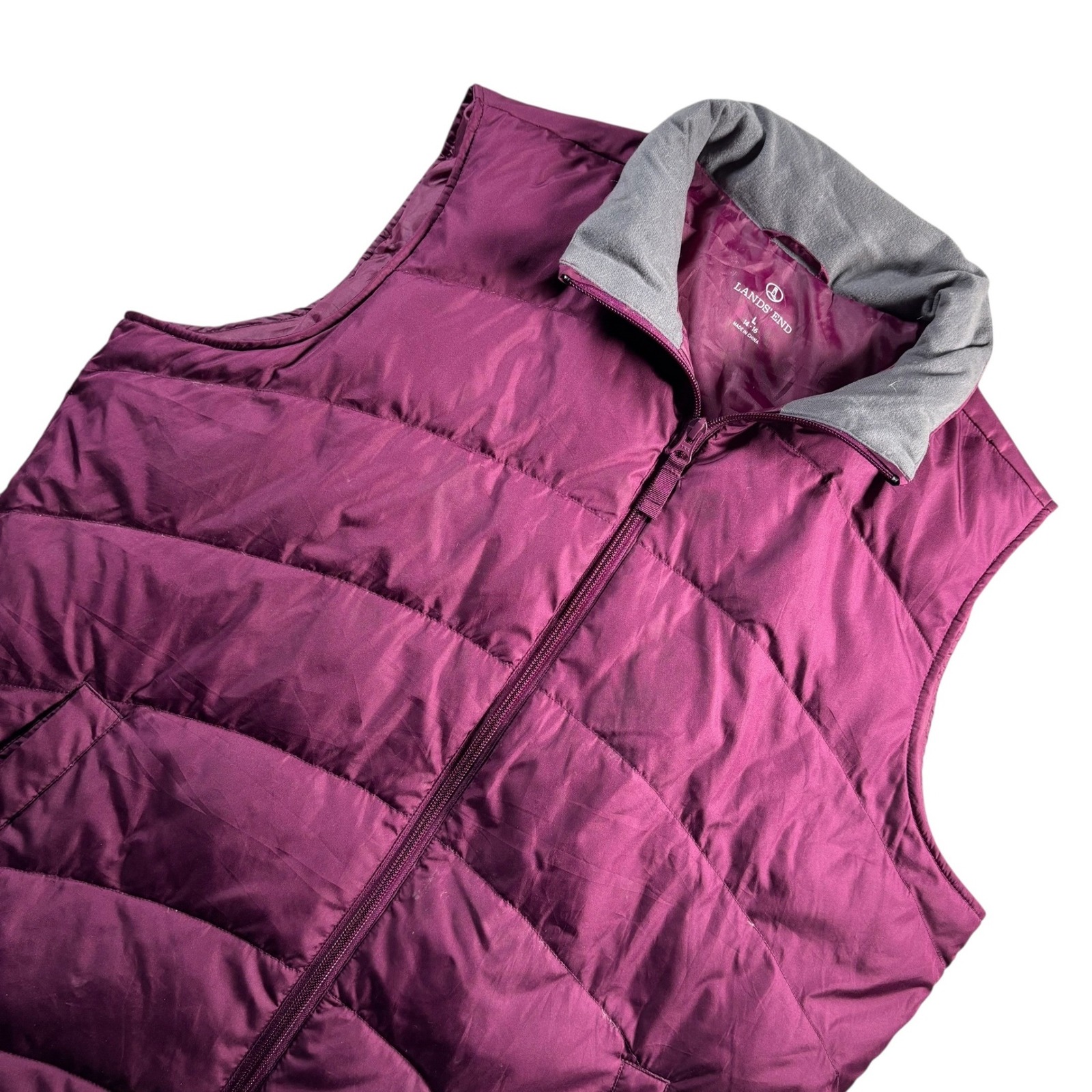 Lands End Womens L 14-16 Puffer Down Filled Vest Maroon Quilted Zip Up 443707